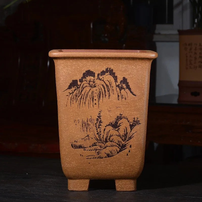Hand-carved square purple sand ceramic flower pot large size for Clivia and orchids