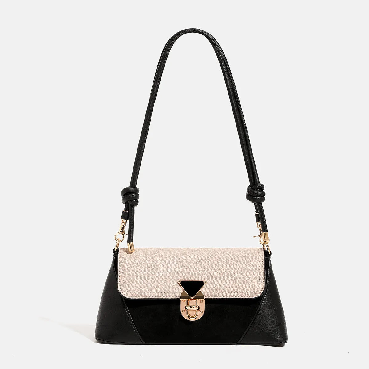Women's soft PU underarm baguette shoulder handbag in black and caramel colours with single strap