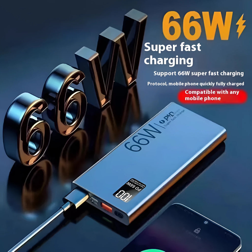 Black 50000 mAh 66W super fast charge power bank with plastic shell and USB Type-C cable on white background
