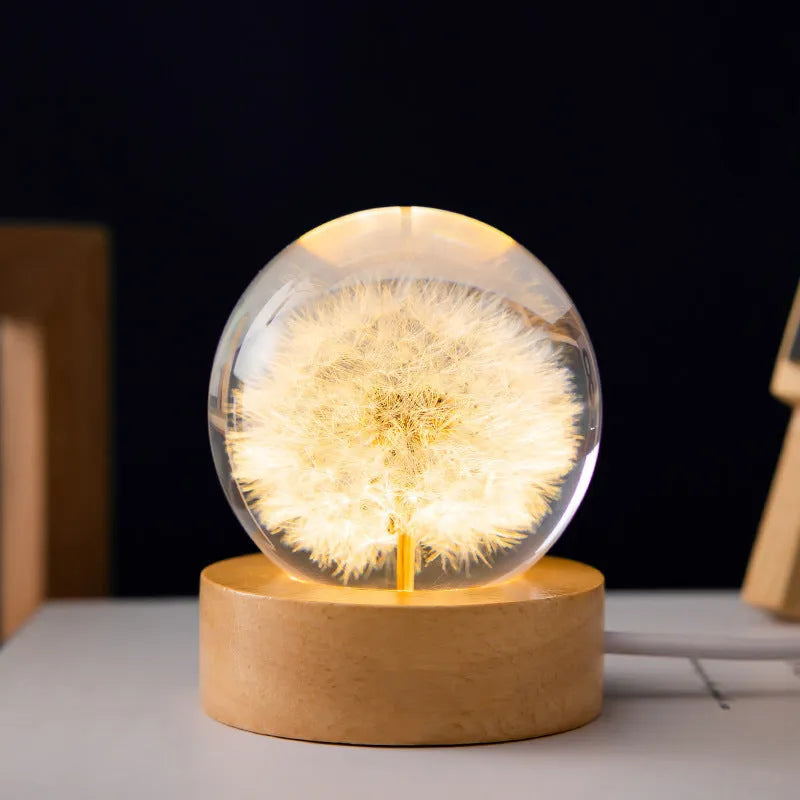 3D preserved dandelion crystal ball night light on beech wood stand with USB cable
