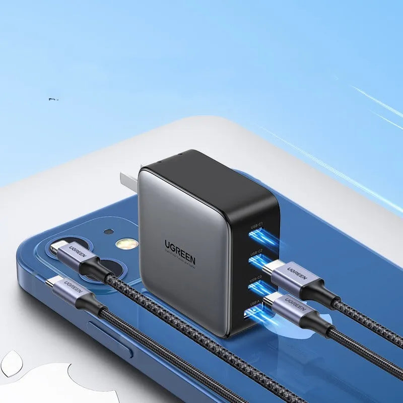 Compact 100W Gallium Nitride GaN fast charger plug with USB-C port on a 69mm body.