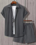 Jacquard short sleeve suit set in chemical fibre blend fabric showing top and matching trousers