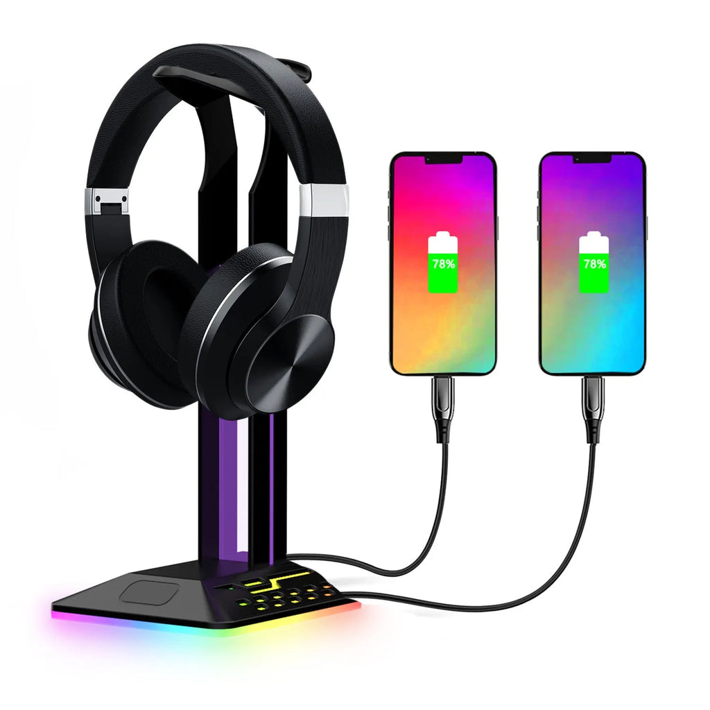 RGB headphone stand with glowing LEDs, dual USB ports, and a headset displayed on it.