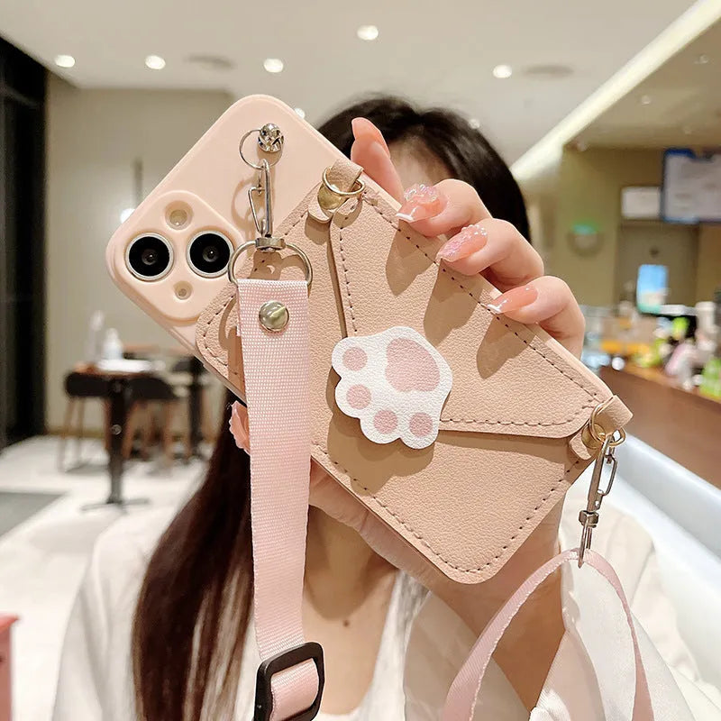 Cat's Paw drop-proof TPU phone case in beige for iPhone 13 with crossbody strap
