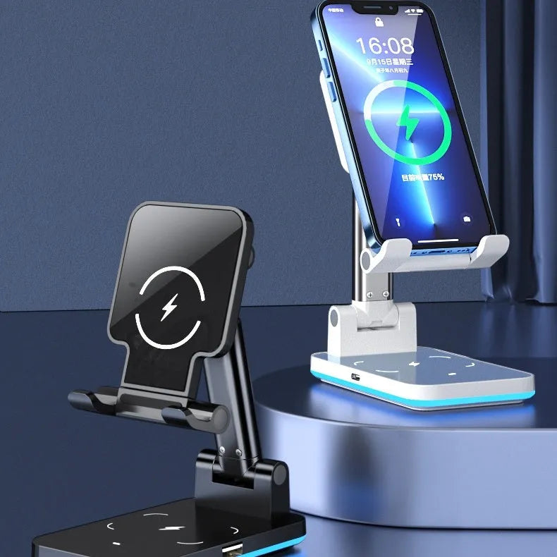 Cool black desktop phone stand with integrated wireless charging pad on an electroplated metal rod.
