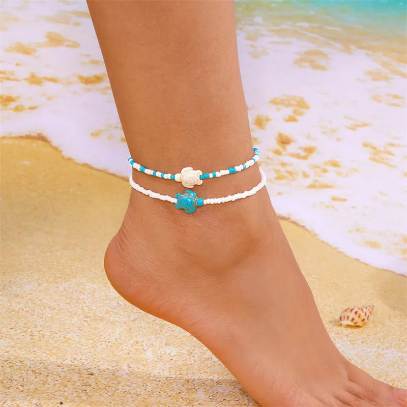 Summer fashion beads string women anklets set of two with starfish turtle stitching star bead design