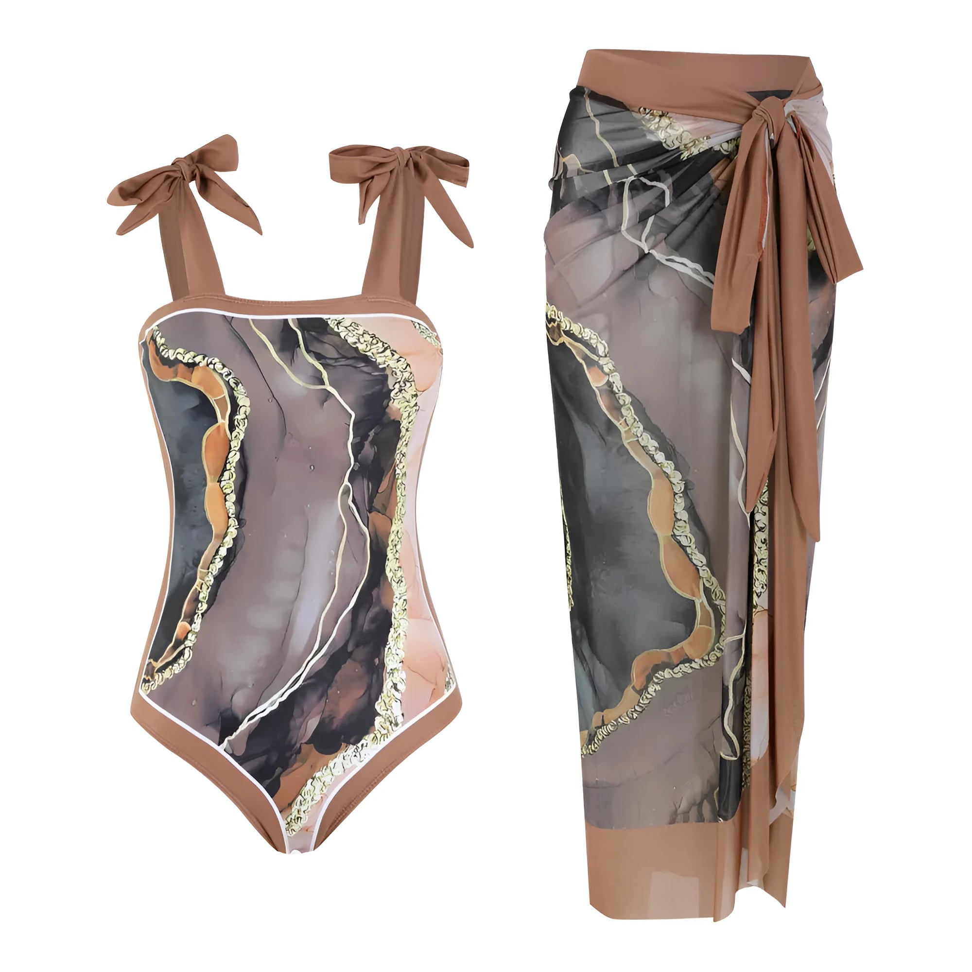 Floral print conservative one-piece swimsuit with mesh tube top and matching skirt.