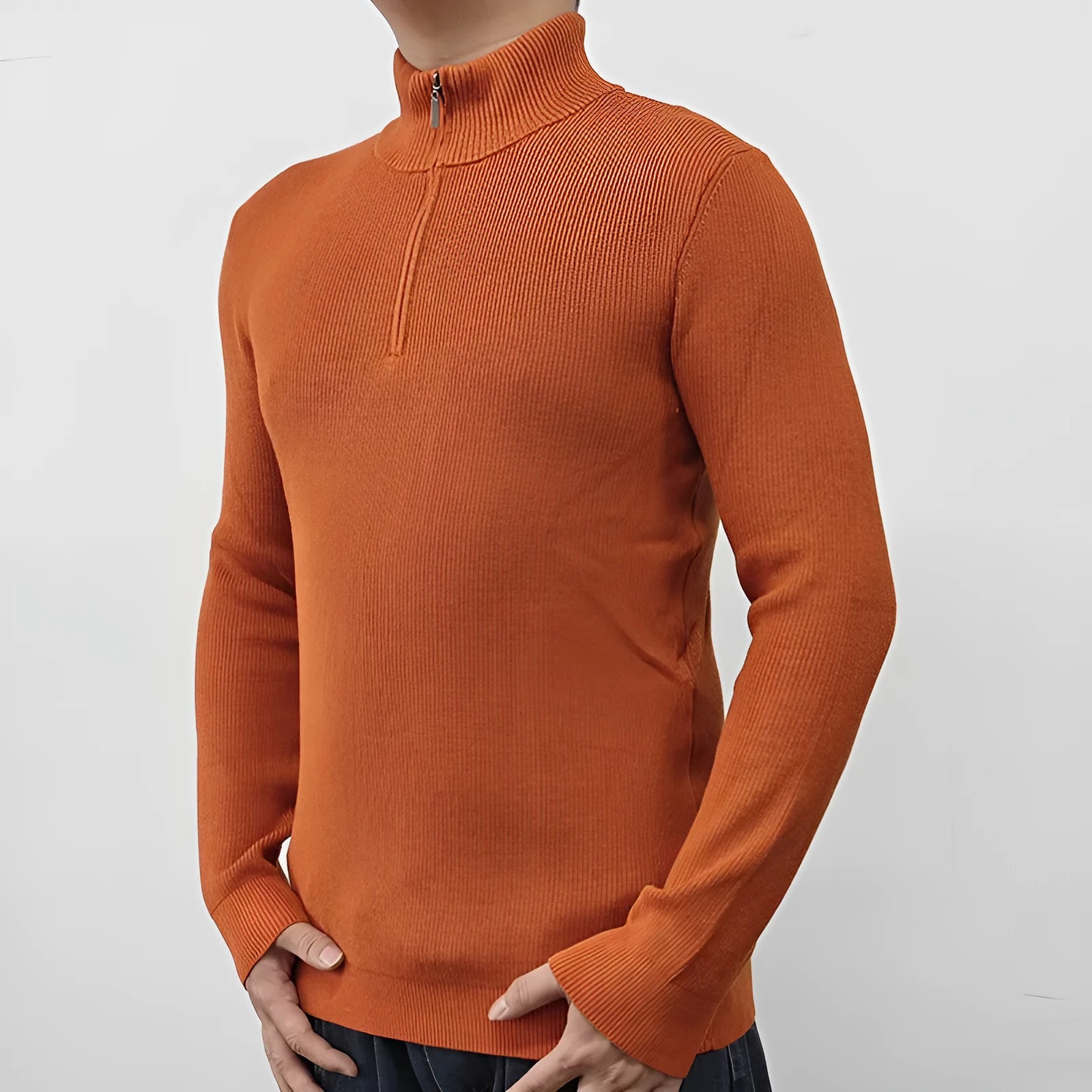 Men's grey half-turtleneck zipper sweater, British-style pullover for casual wear