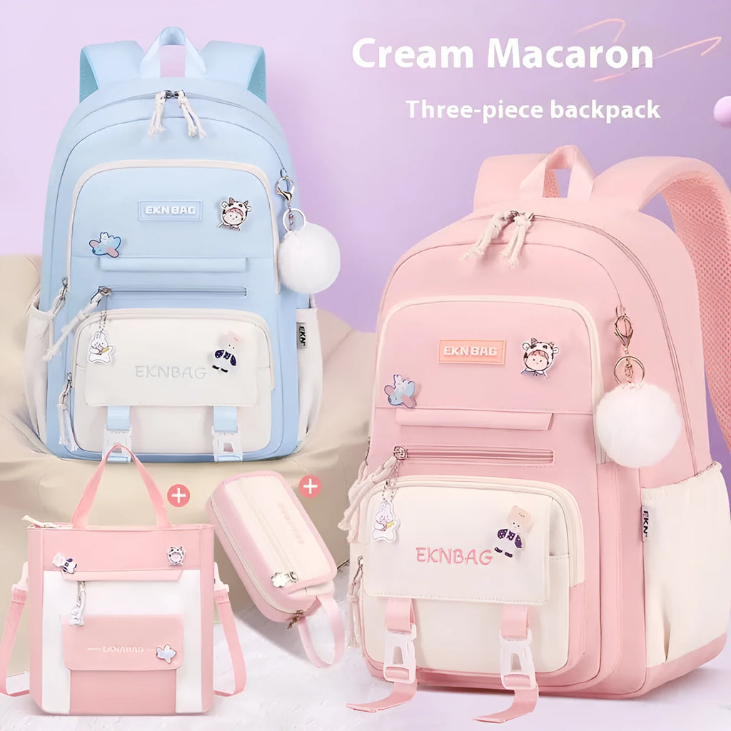 Waterproof pink Oxford cloth school backpack for girls with curved shoulder straps