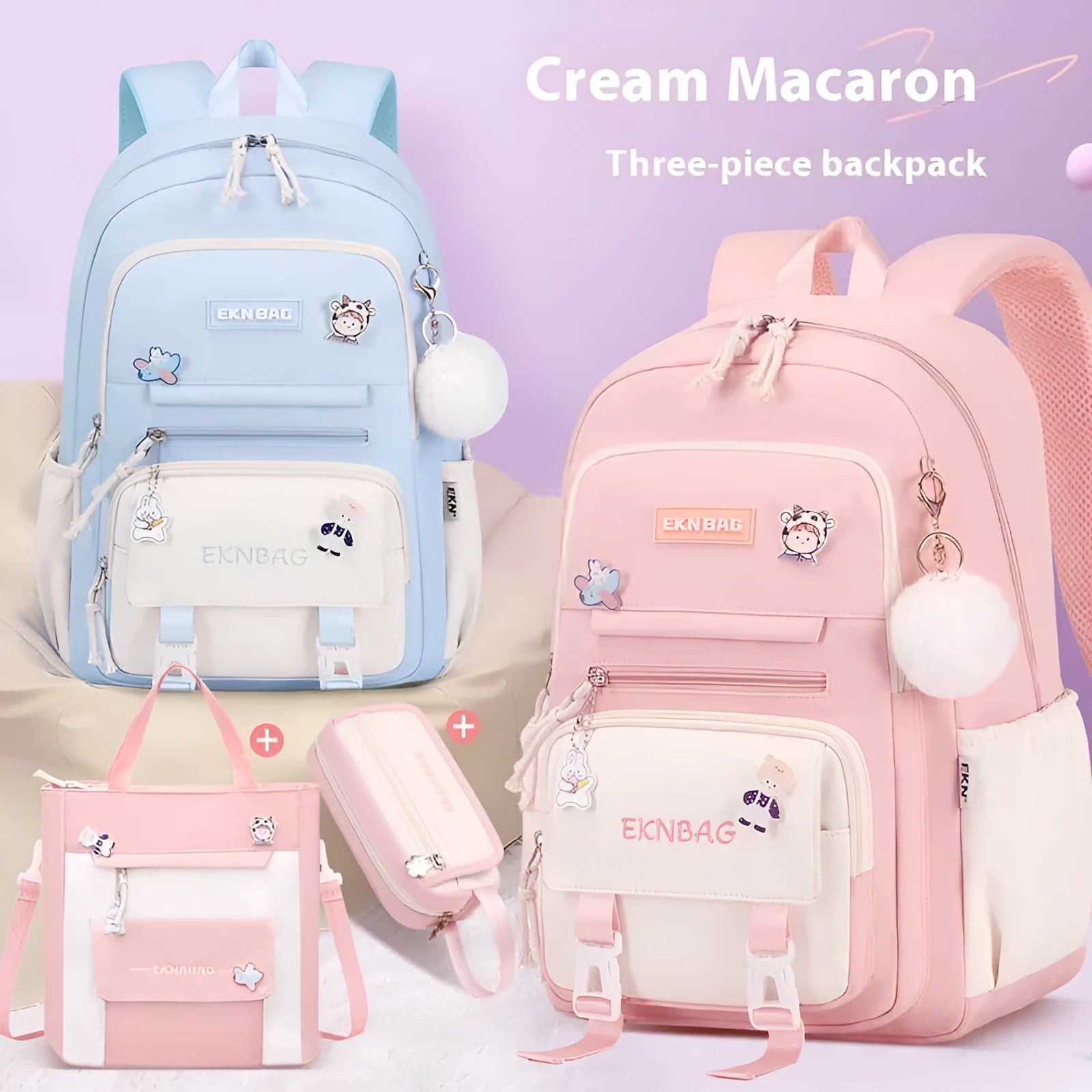 Waterproof pink Oxford cloth school backpack for girls with curved shoulder straps