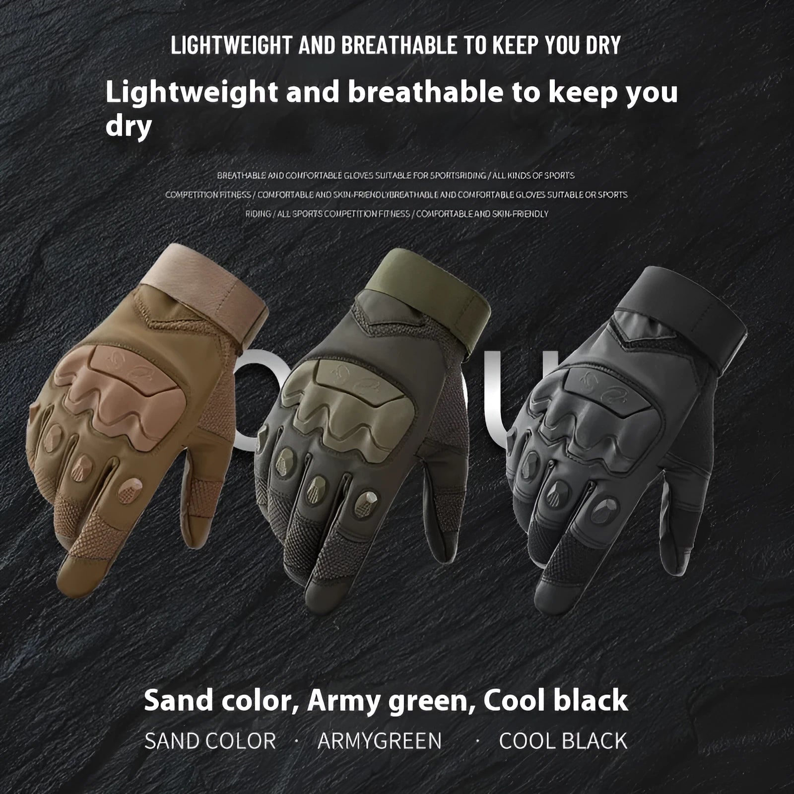Men's black full finger tactical training gloves with touchscreen fingertips on a hand.