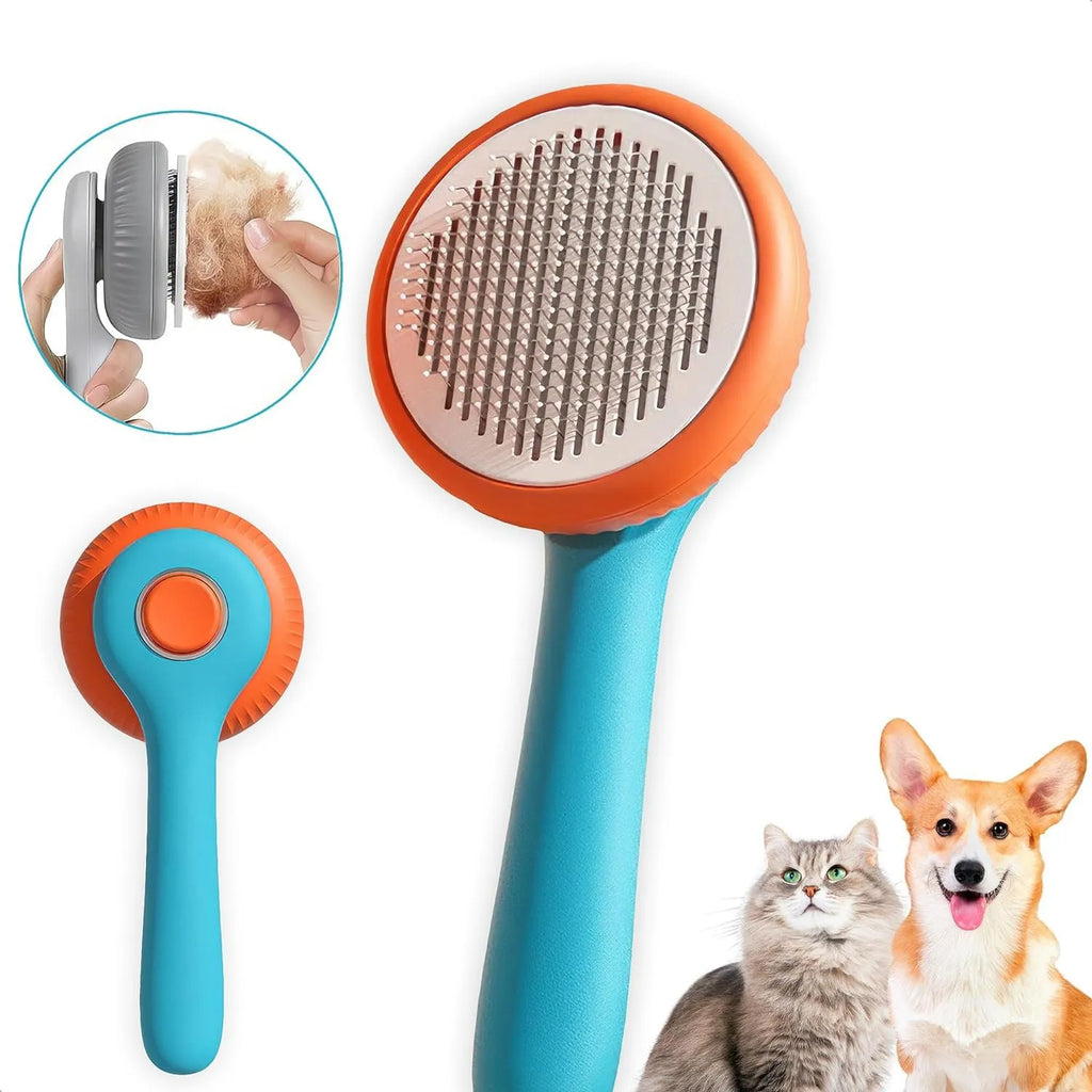Blue and white dual-sided pet grooming brush for cats and dogs with self-cleaning feature.