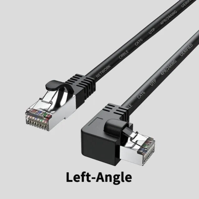 Coloured Cat6 Ethernet cable with a right-angled metal RJ45 connector plug in a choice of four orientations.