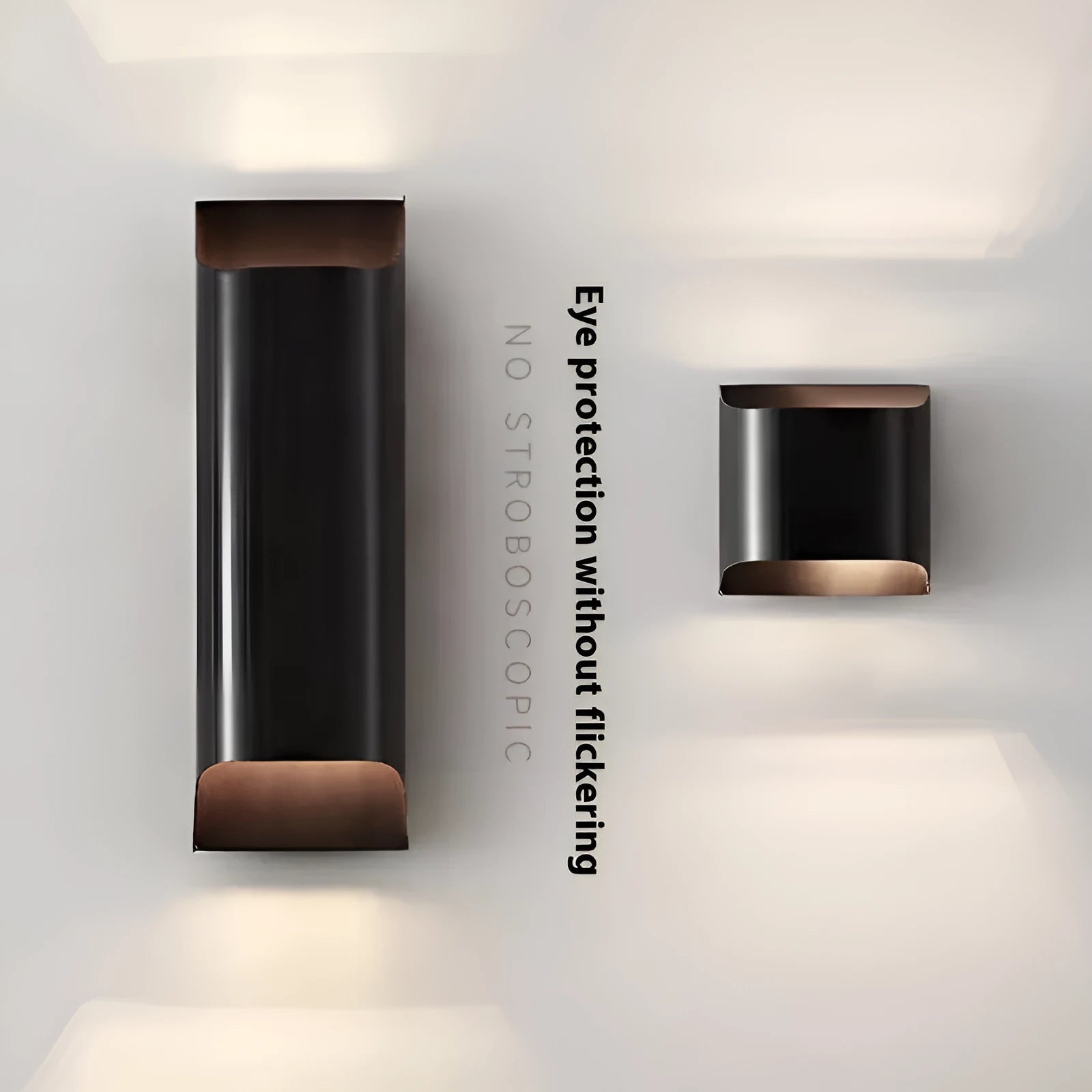 Minimalist copper wall lamp in black gold finish mounted beside a bed.