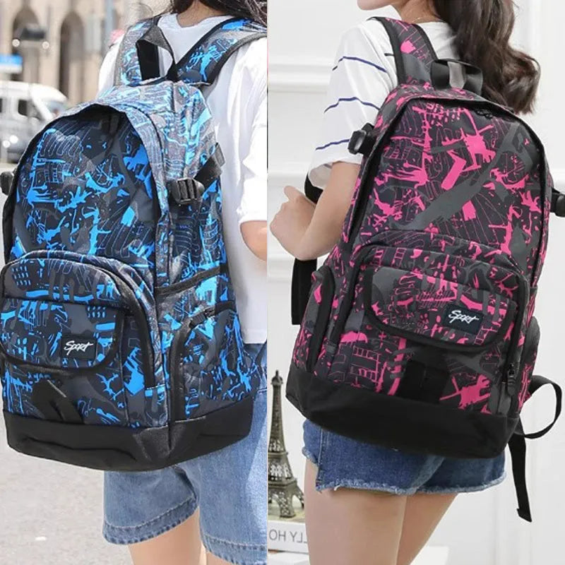 Blue and red classic nylon backpack with large main compartment and adjustable shoulder straps.
