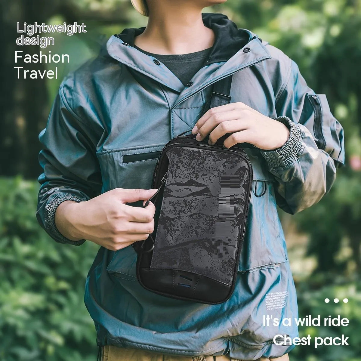 Casual black camouflage print chest bag with adjustable shoulder strap and top handle on a person