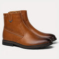 Faux fur dress boots with zipper, ultra high heel, carved wing pattern, light brown colour