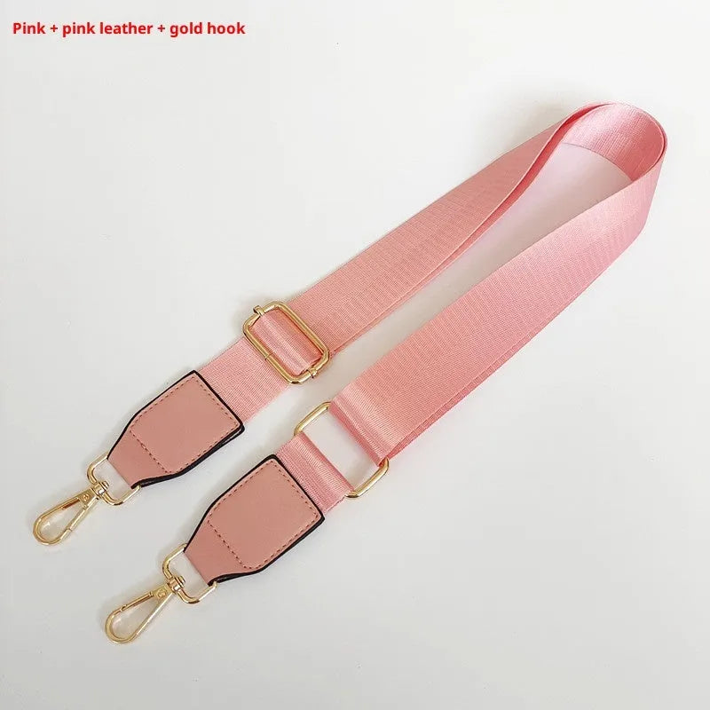 Adjustable nylon shoulder strap with gold hook, shown in 22 colour options for women's bag replacement
