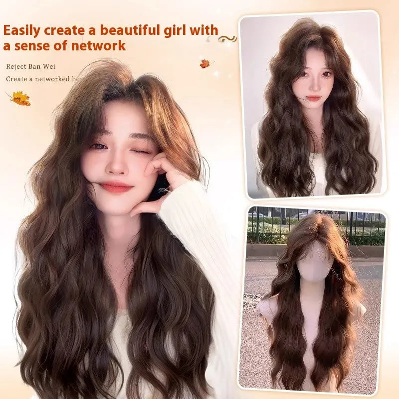 Full-head synthetic wig with long curly hair and side bangs in brown black colour.