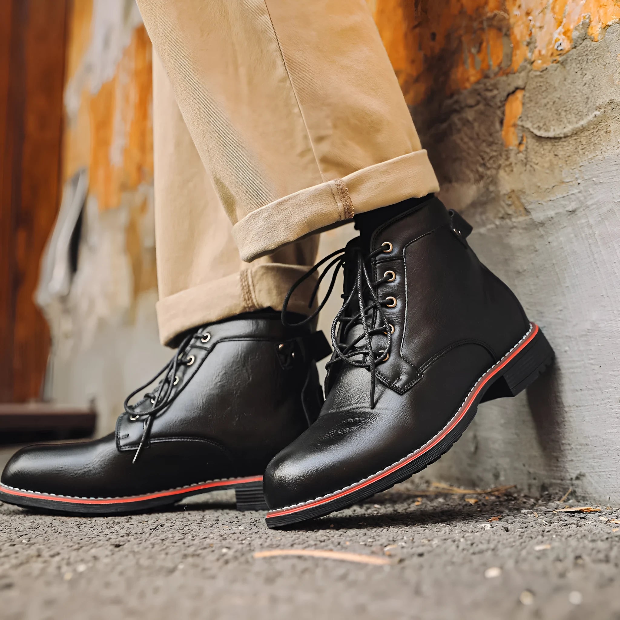 Men's retro western boots with round toe, horseshoe heel, and slide-on entry in black and brown