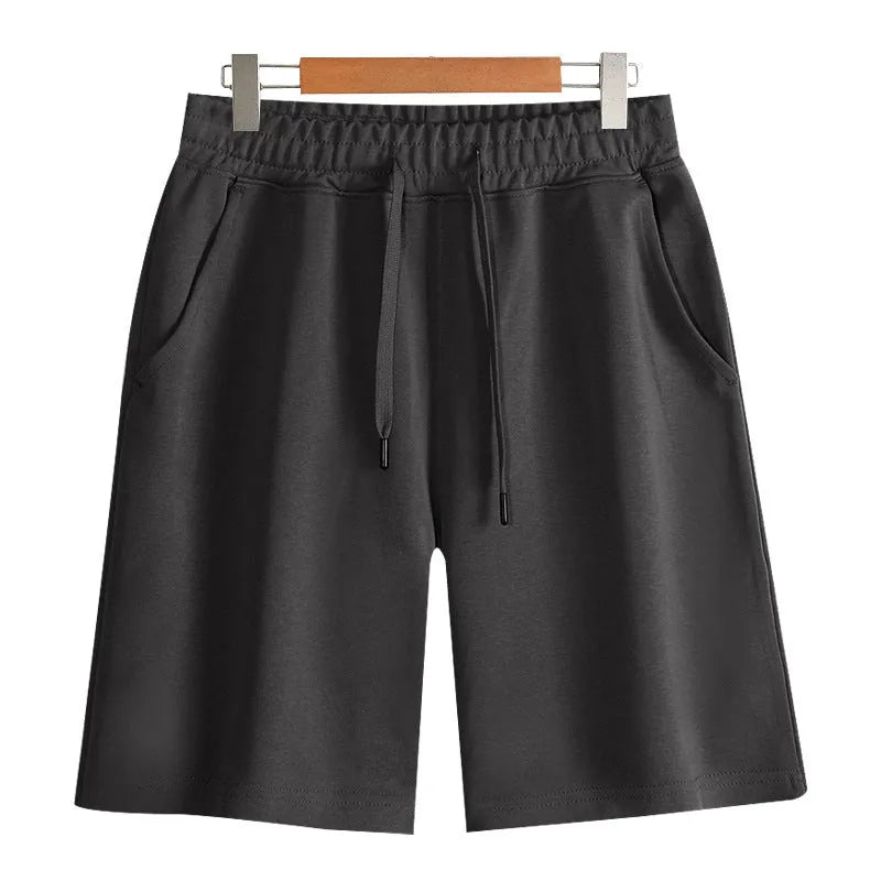 Straight-leg cotton shorts for summer in grey, shown on a hanger.
