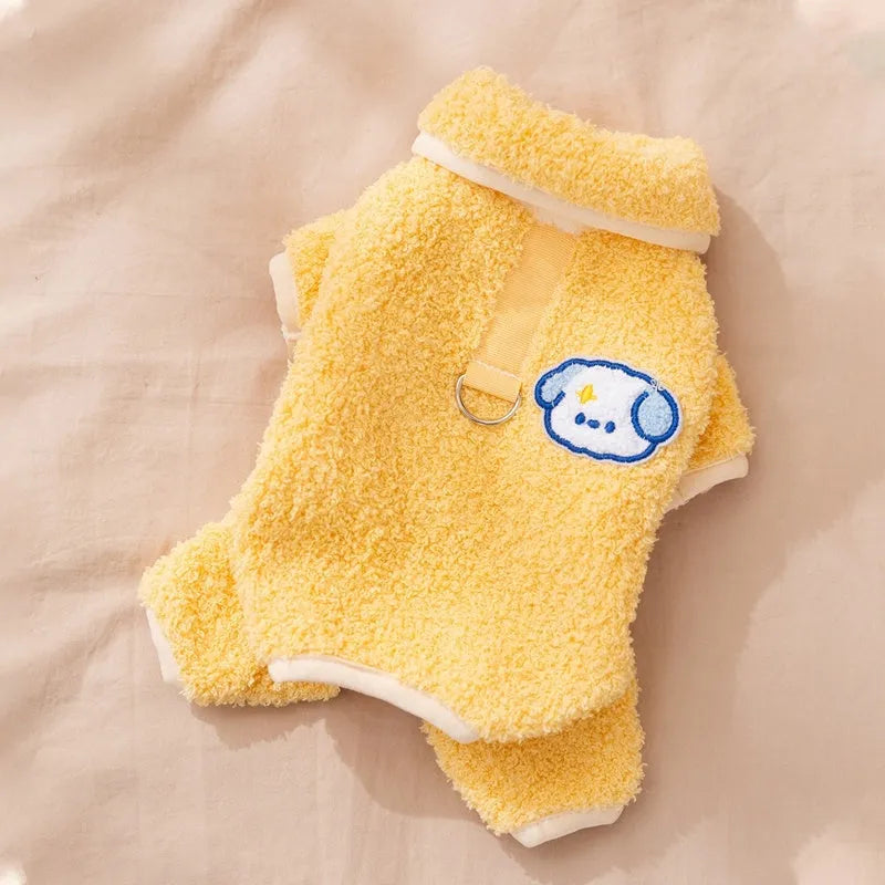 Thick plush yellow dog pajamas one-piece cartoon suit for small dogs winter pet clothes