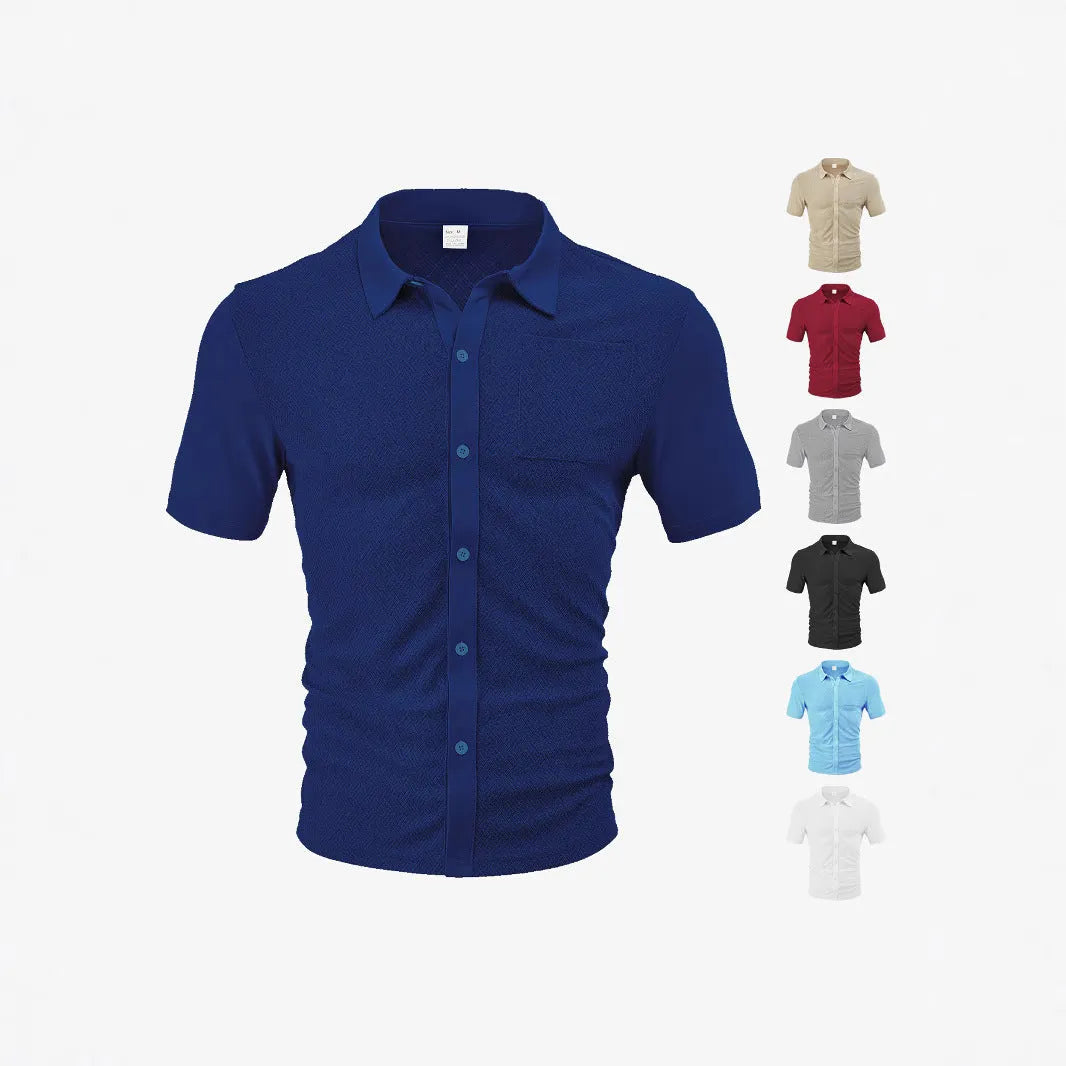 Loose breathable polyester jacquard lapel cardigan short sleeve casual top in white, front view