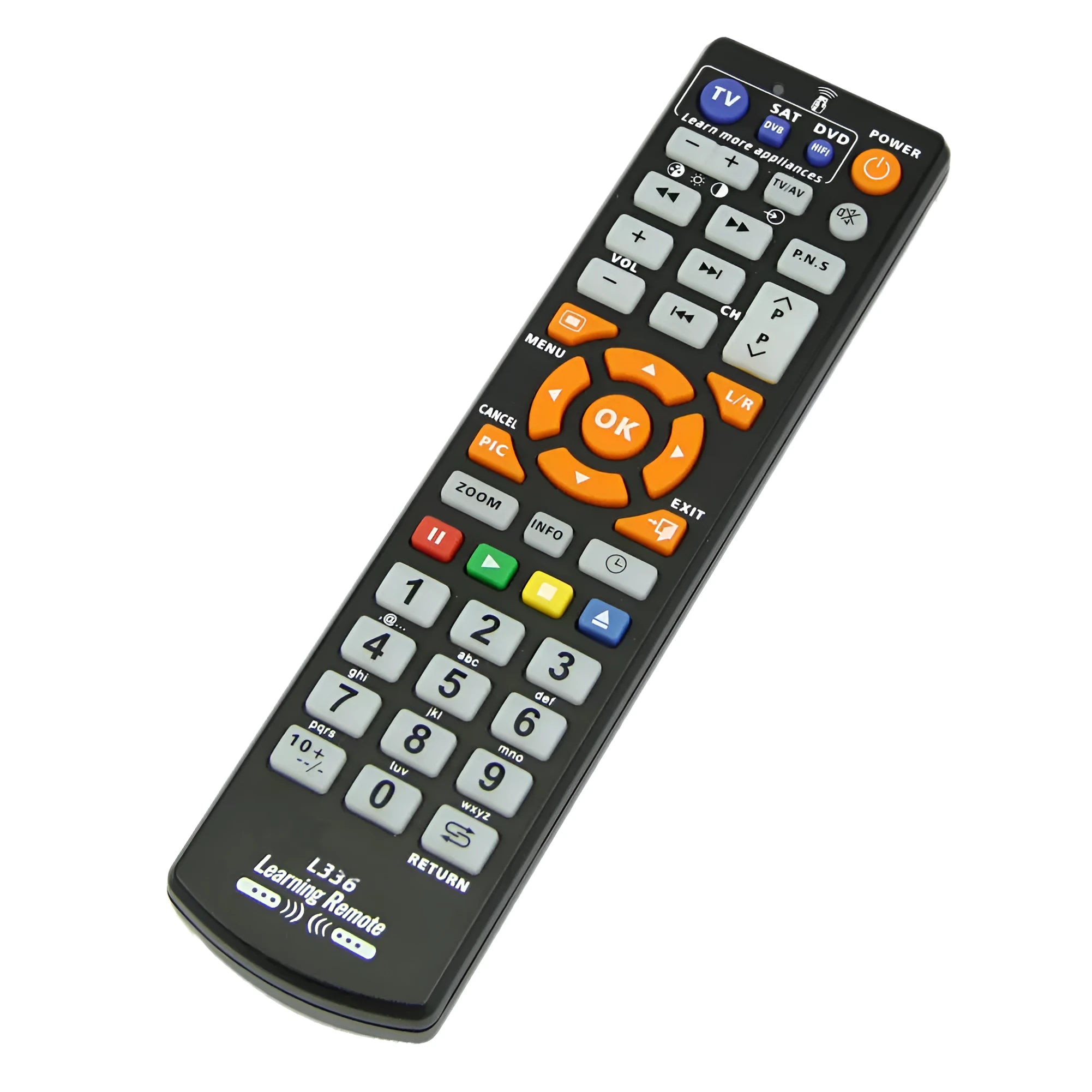 Black L336 universal learning remote control for TV and DVD equipment