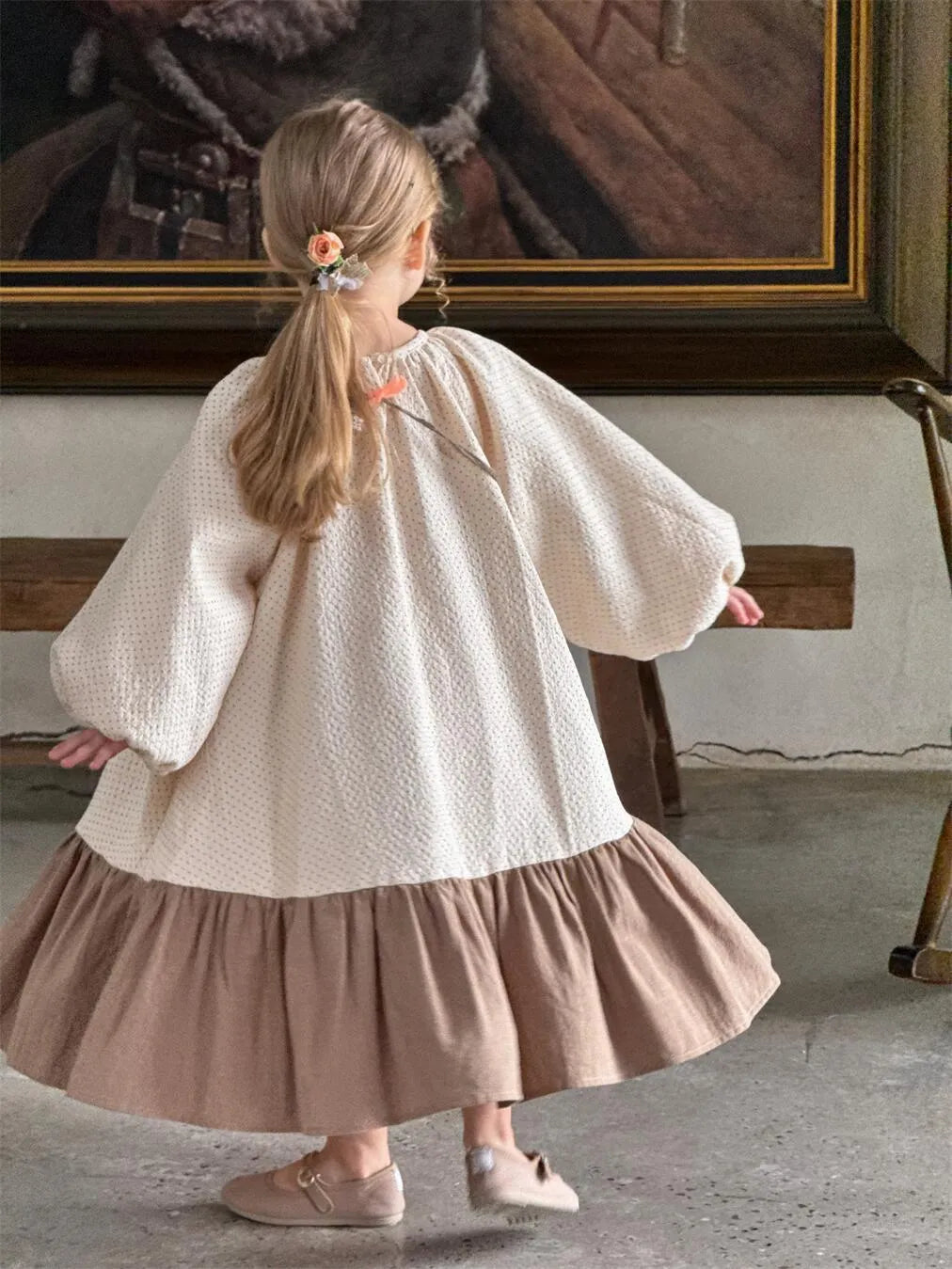 Cotton polka dot ruffled girl's dress with long sleeves, flounced skirt, retro style, spring wear