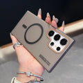 Samsung magnetic phone case in grey with ultra-thin frosted PC shell and soft yarn finish, shown from the back.