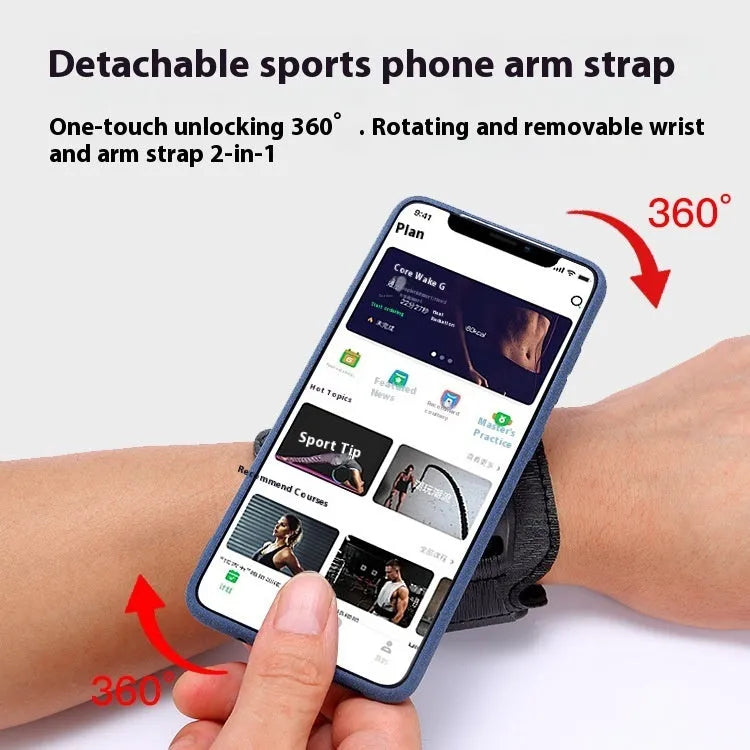 Black mobile phone arm strap holder suitable for sports and takeaway driving on a wrist.