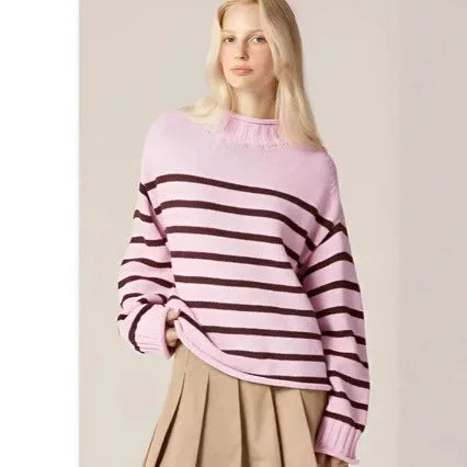 Pink chenille stripe knitted pullover loose fit women's sweater with round neck and long sleeves on white background