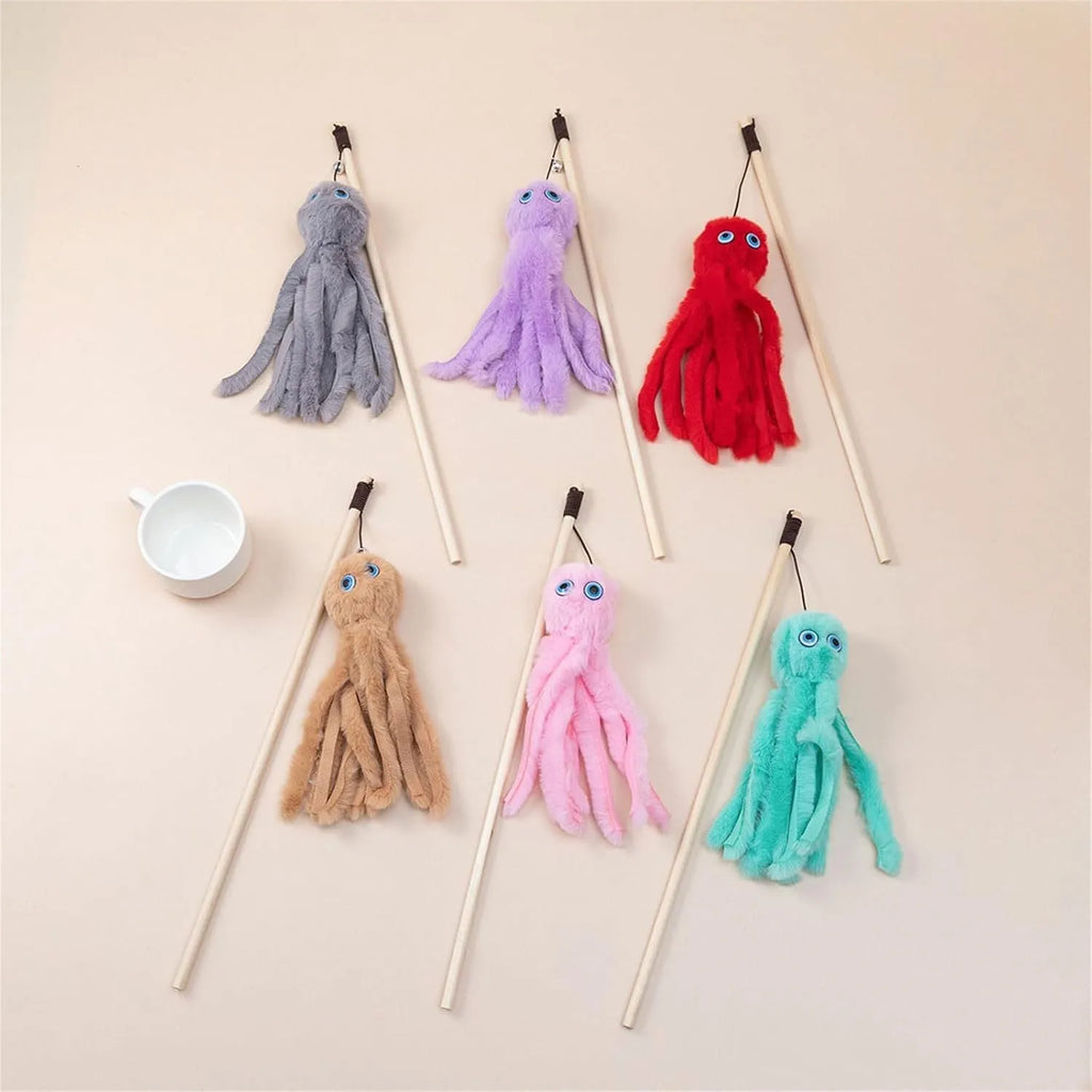 Colourful octopus cat toy with long stick and feather elements for indoor play