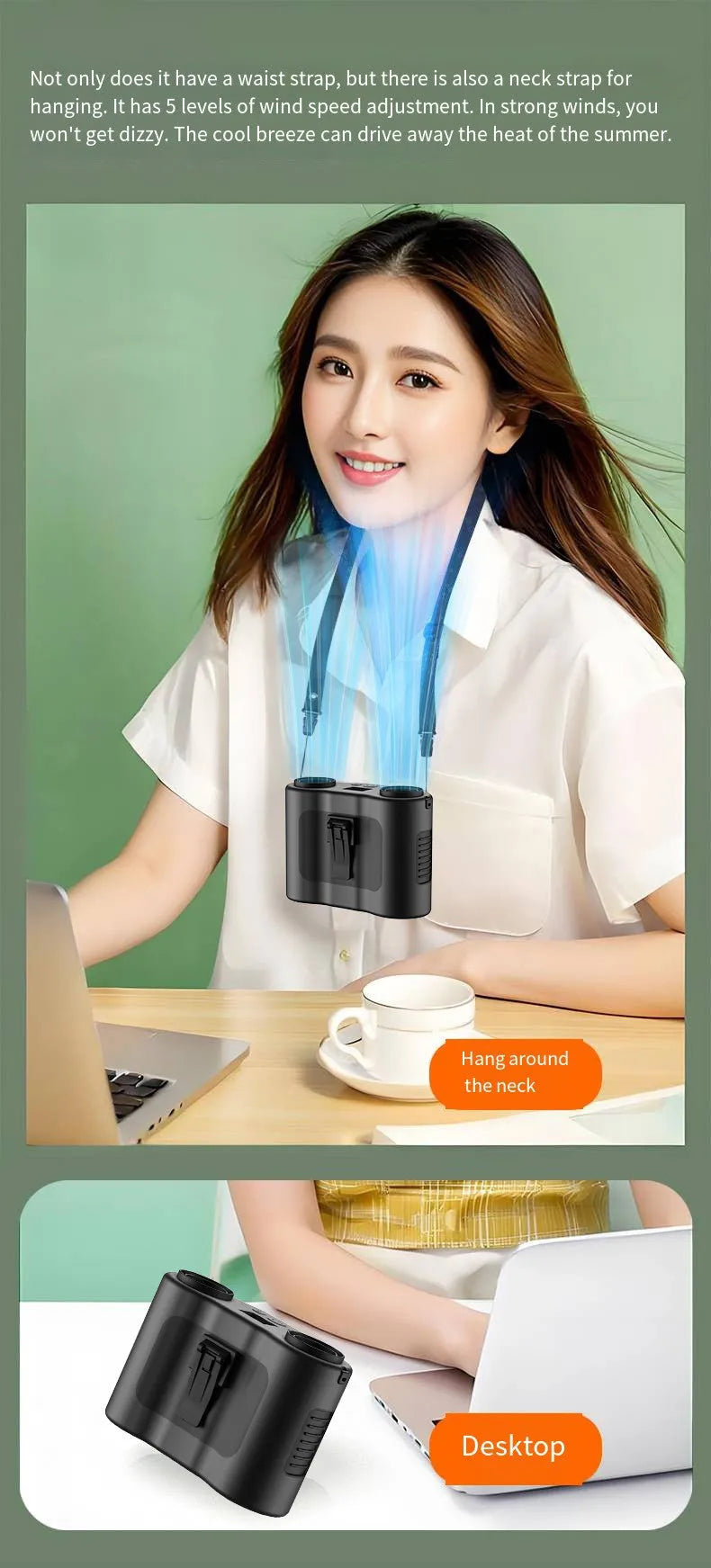 Black waist-hung personal fan with neck lanyard and waist buckle, showing turbine blades and top control button.