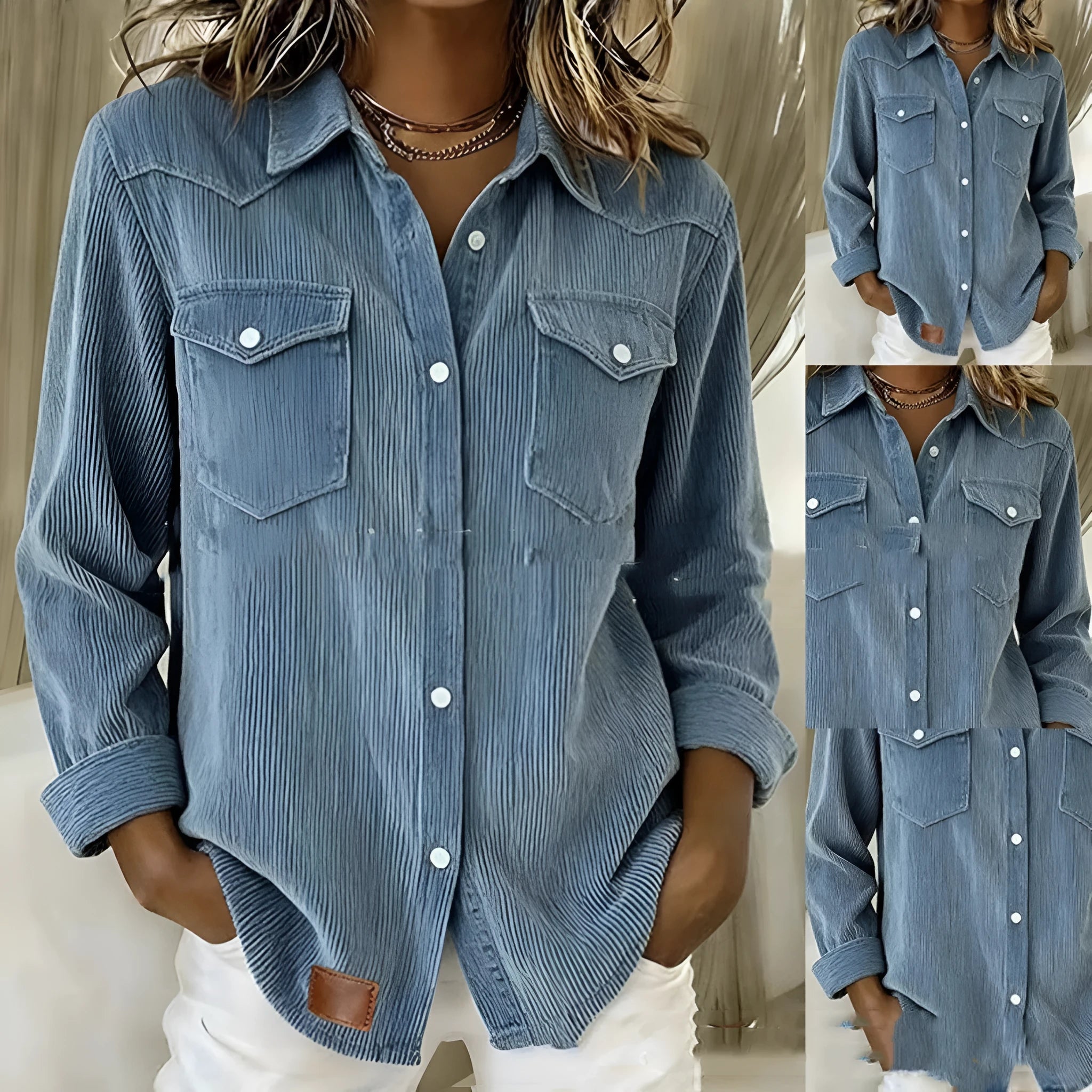 Women's light blue polyester denim cardigan jacket with distressed details, long sleeves, laid flat.