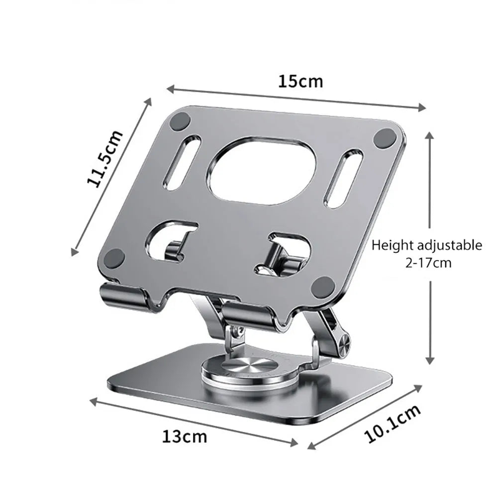 Rotating flat tablet stand in silver or black, metal and silicone, 15cm panel, adjustable height 2-17cm
