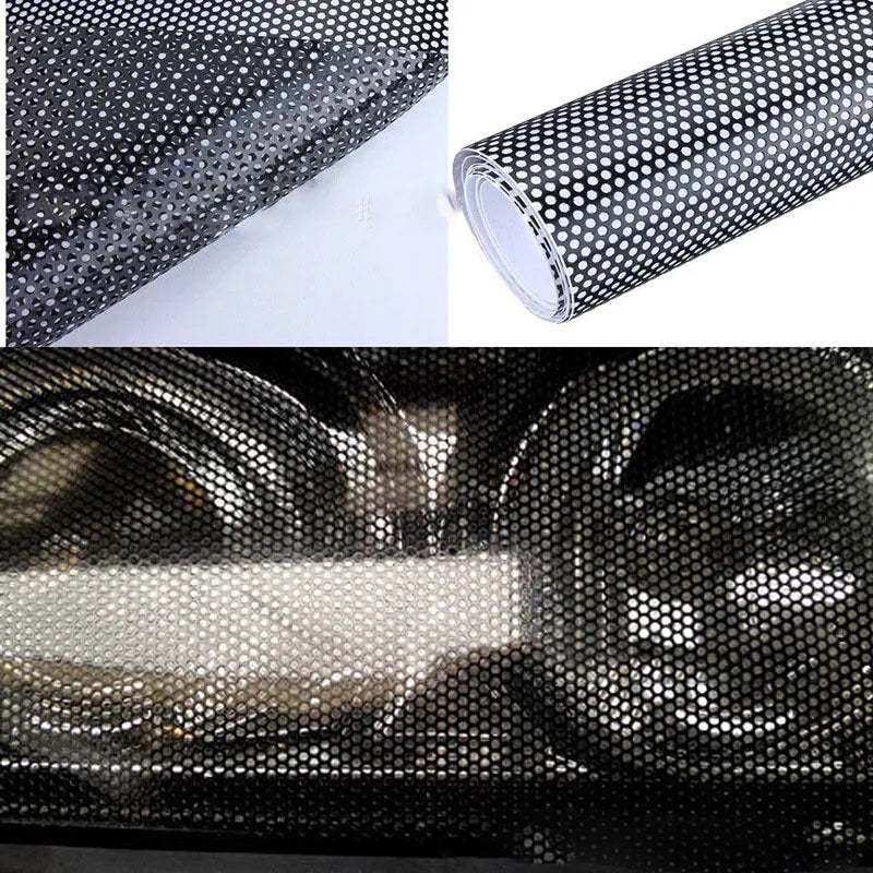 Large sheet of perforated mesh-style automotive vinyl film for car body colour modification.