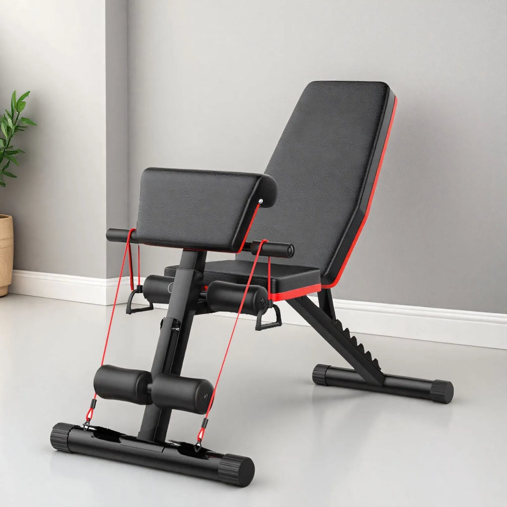 Home multi-function incline board fitness bench with metal frame, foldable, adjustable height, includes pull rope and support rod