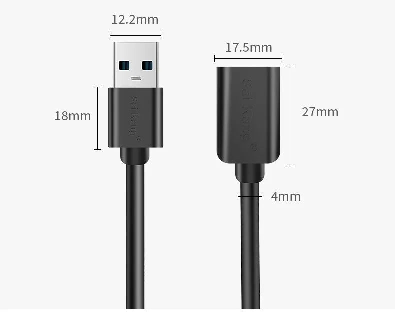 USB 3.0 and USB 2.0 male to female extension cable with black PVC sheathing