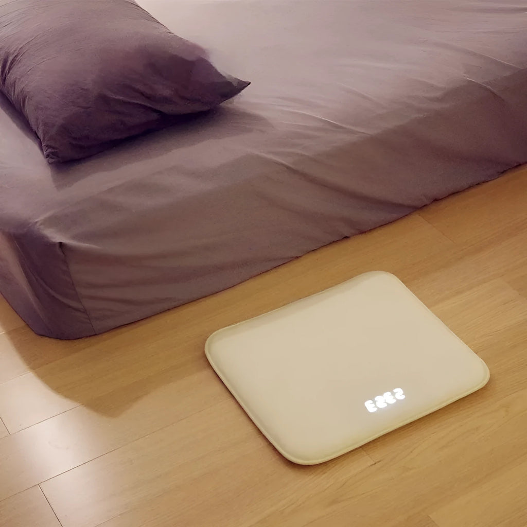 Smart carpet mat alarm clock with 20mm thick velvet cloth shell, showing the mat and control panel