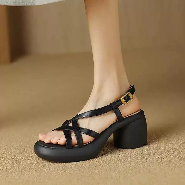 Retro PU high heel sandals for women, open toe, mid heel, ankle-strap buckle, black colour