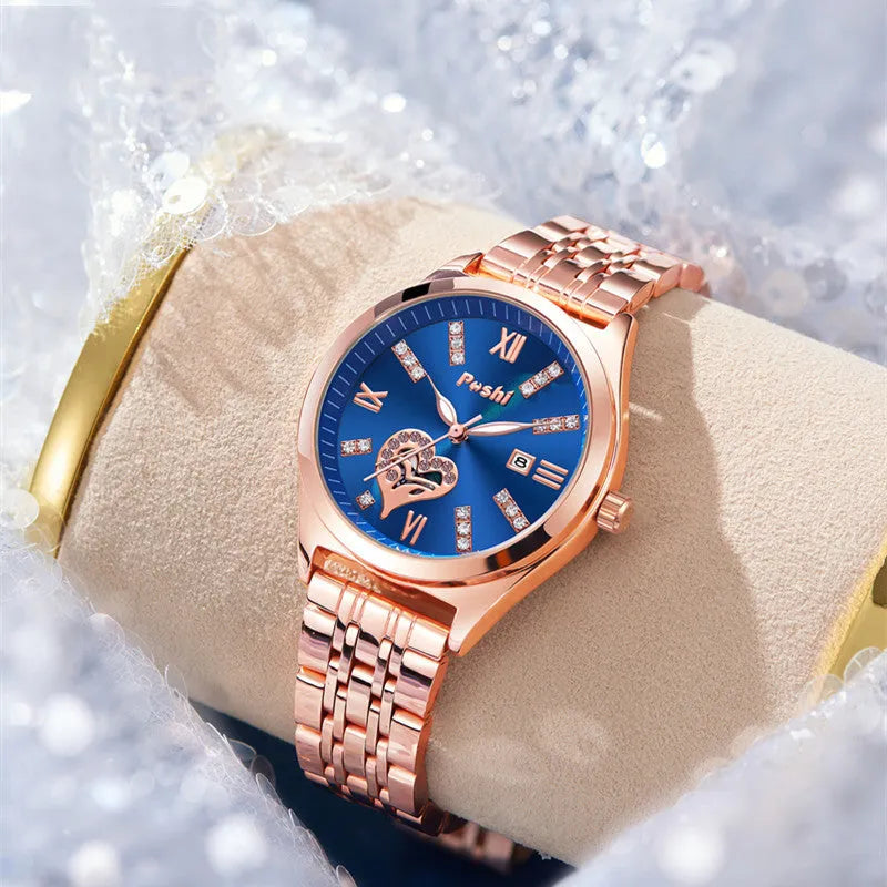 Women's fashion casual waterproof calendar luminous watch with alloy strap and Roman numeral rhinestone dial on white background