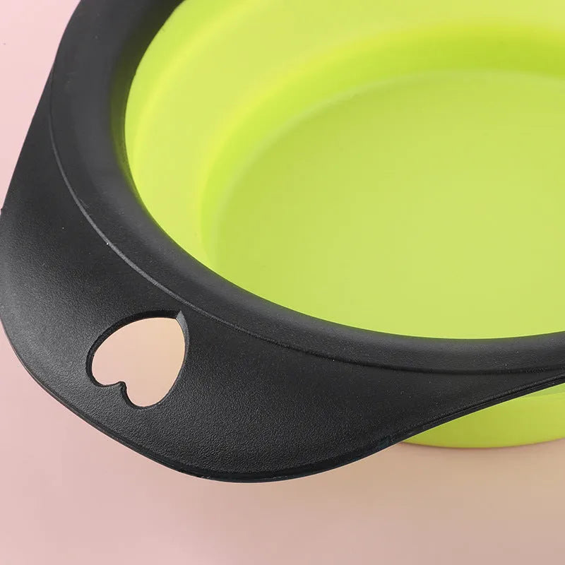 Silicone folding pet bowl in collapsed and open state for outdoor use, available in black and green