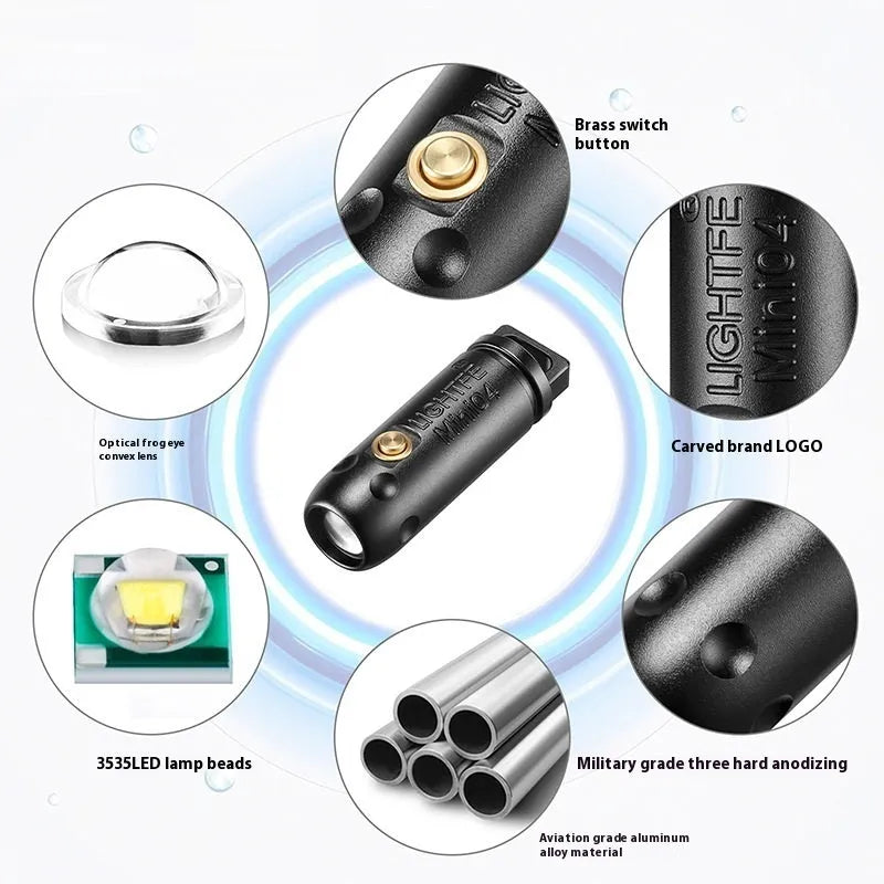 Black LED key ring flashlight with stainless steel housing on keychain