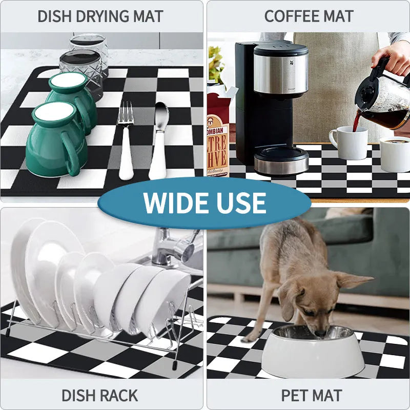 Black super absorbent rubber-backed kitchen drain mat on a countertop