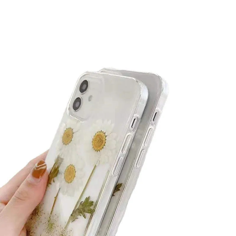 White TPU phone case with epoxy daisy floral design for iPhone XR to 13 series