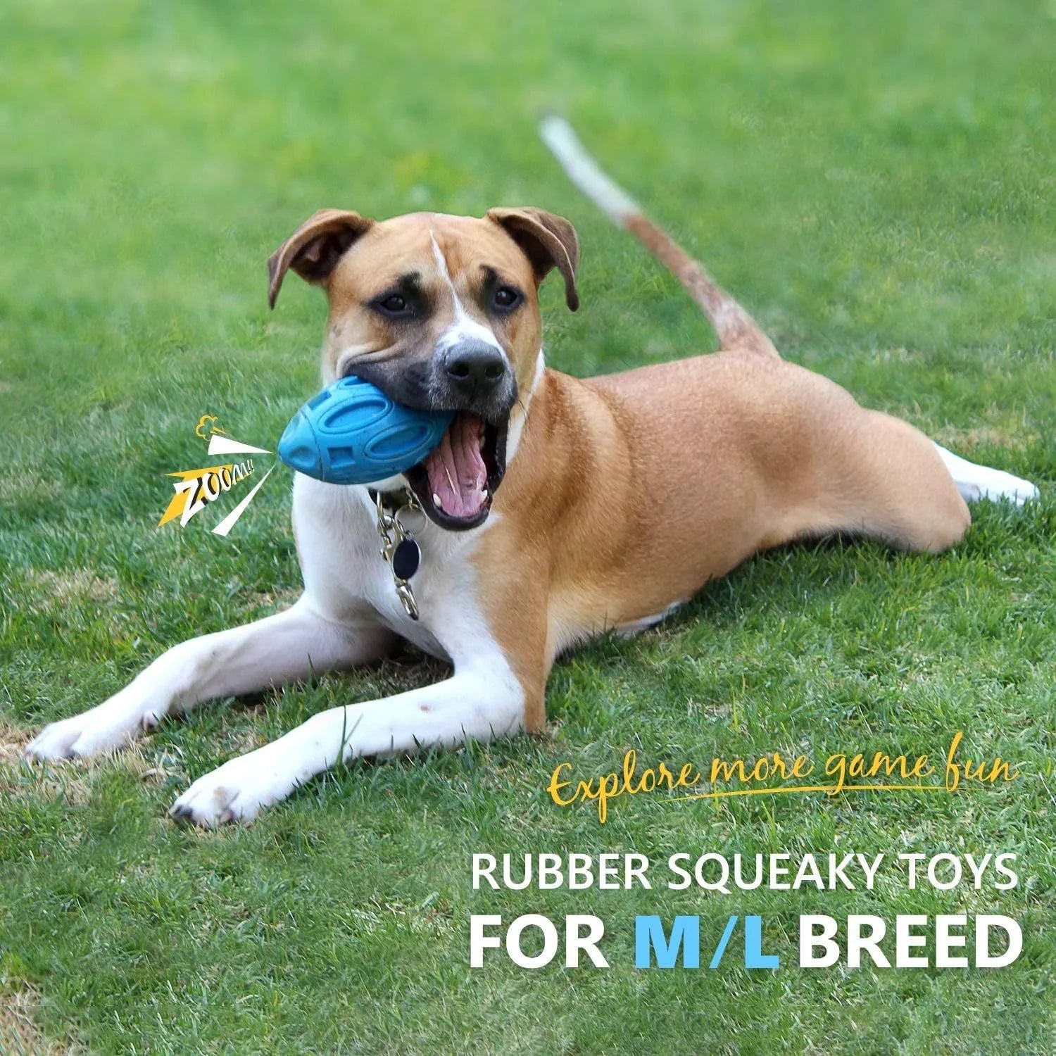 Natural rubber squeaky dog ball toy with surface grooves for medium and large breed aggressive chewers