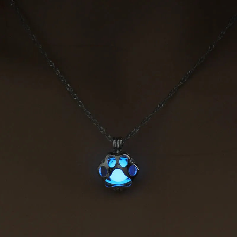 Dog paw hollow luminous necklace alloy pendant 45cm chain blue green