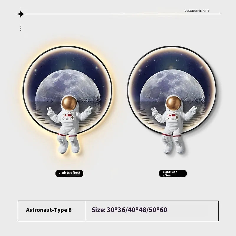 Spaceman astronaut themed children's wall painting with optional USB LED lights on canvas with MDF backing
