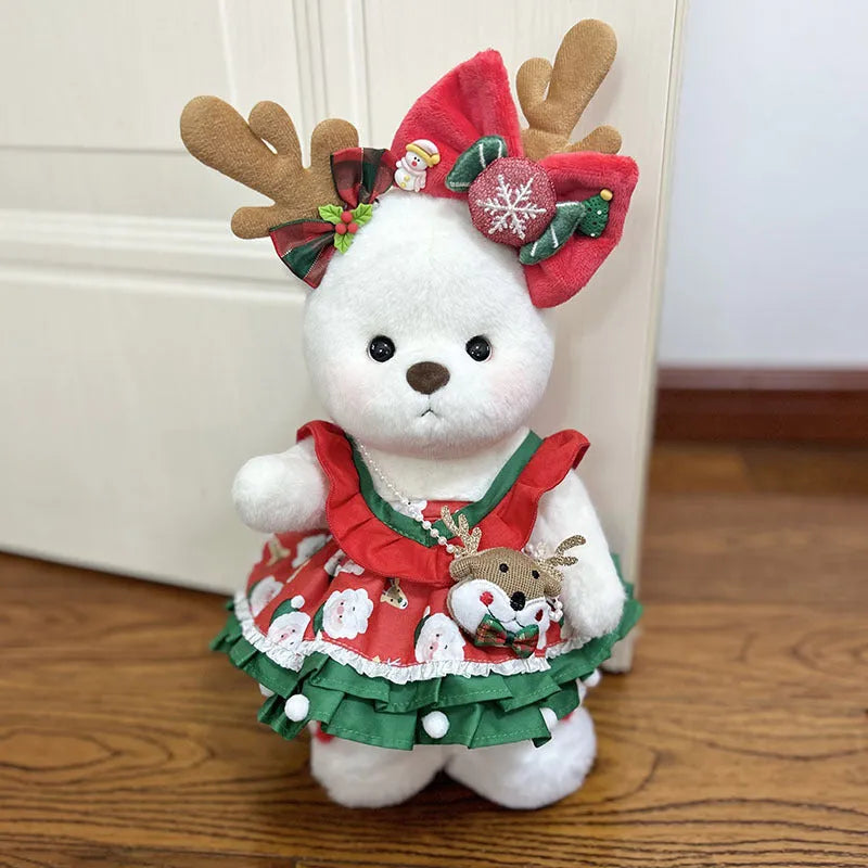 30cm Momo bear plush doll wearing a red plaid dress Christmas costume set with cloak